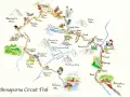 Ilustrowana mapa Annapurna Circuit Trek z górami, wioskami, samolotem i dziką przyrodą.