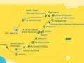 Mapa USA z zaznaczonymi parkami narodowymi: Yellowstone, Black Canyon, Mesa Verde, Wielki Kanion Kolorado, Antelope Canyon, Badlands, Mount Rushmore, Devils Tower, Chimney Rock.