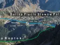 Trasa przez Dolinę Pięciu Stawów Polskich. Widok na szlaki letni i zimowy, schronisko, Przedni, Mały i Wielki Staw.