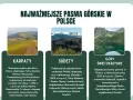 Trzy pasma górskie Polski: Karpaty, Sudety i Góry Świętokrzyskie. W tle krajobrazy, w tym góry śląsk.