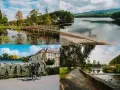Malownicze atrakcje Wisła i okolice: park z mostkiem, jezioro, napis Wisła z rowerzystami, ścieżka nad rzeką.