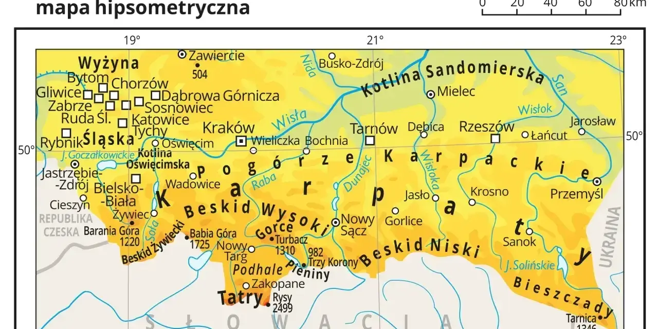 Mapa Polski z zaznaczonymi pasmami górskimi. Gdzie są Beskidy? Na południu kraju, między Krakowem a Słowacją, rozciągają się Beskid Żywiecki, Wysoki i Niski.