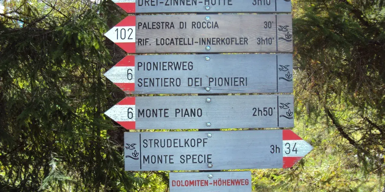 Tablica z drogowskazami w Alpach, wskazująca kierunki i czasy dojścia do schronisk i szlaków. Idealne miejsce na trekking.