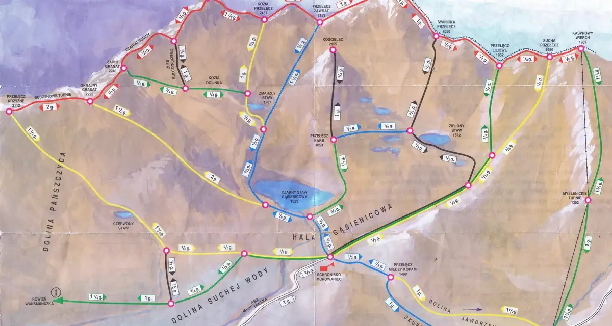 Mapa szlaków turystycznych w Tatrach Wysokich, ukazująca trasy przez Dolinę Gąsienicową, Kozi Wierch i Kasprowy Wierch.