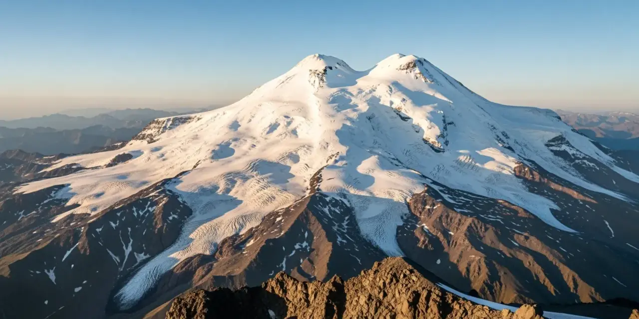 Elbrus, najwyższa góra Europy, lśni w słońcu. Jej ośnieżone szczyty i lodowce tworzą majestatyczny krajobraz.