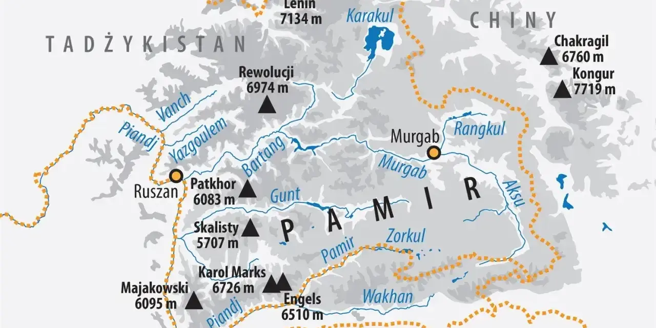 Mapa górskiego regionu Pamir z zaznaczonymi szczytami, rzekami i jeziorami. Widoczne są nazwy krajów: Tadżykistan, Kirgistan, Chiny, Afganistan, Pakistan.