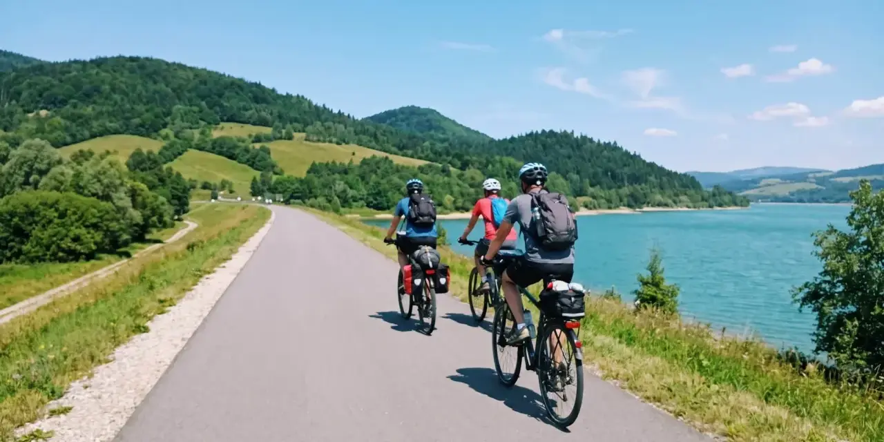 Trzy osoby na rowerach przemierzają malowniczą velo czorsztyn trasę wzdłuż jeziora, otoczone zielonymi wzgórzami.