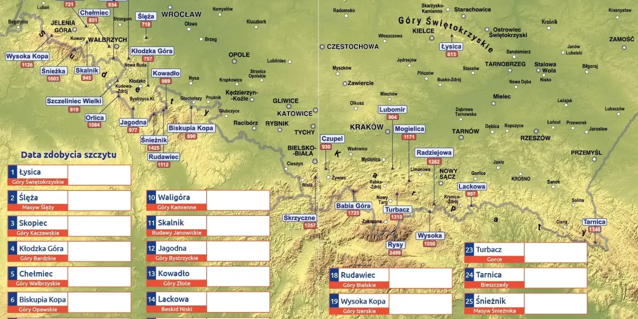 Mapa szczytów Polski, w tym korona sudetów polskich. Zaznaczone Karkonosze, Góry Sowie, Góry Wałbrzyskie i inne pasma.