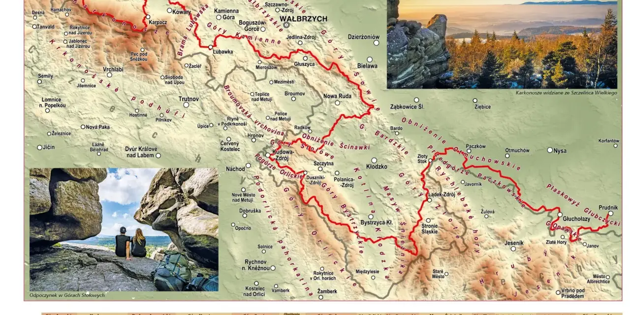 Główny Szlak Sudecki - mapa fizyczna z zaznaczonymi pasmami górskimi i profilami wysokości.