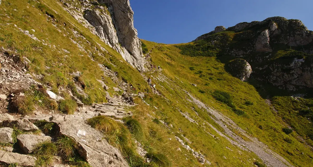 Kamienista ścieżka, czerwony szlak na Giewont, wije się po zboczu porośniętym trawą. W oddali widać turystów.