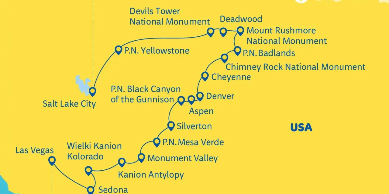 Mapa USA z zaznaczonymi parkami narodowymi: Yellowstone, Black Canyon, Mesa Verde, Wielki Kanion Kolorado, Antelope Canyon, Badlands, Mount Rushmore, Devils Tower, Chimney Rock.