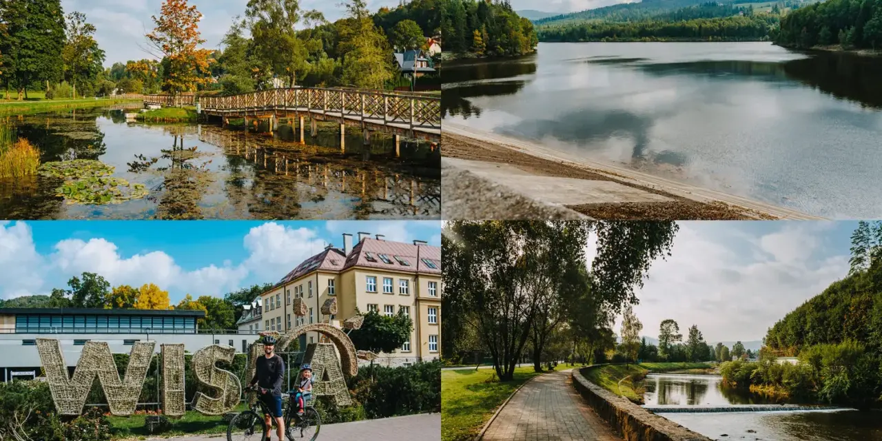 Malownicze atrakcje Wisła i okolice: park z mostkiem, jezioro, napis Wisła z rowerzystami, ścieżka nad rzeką.