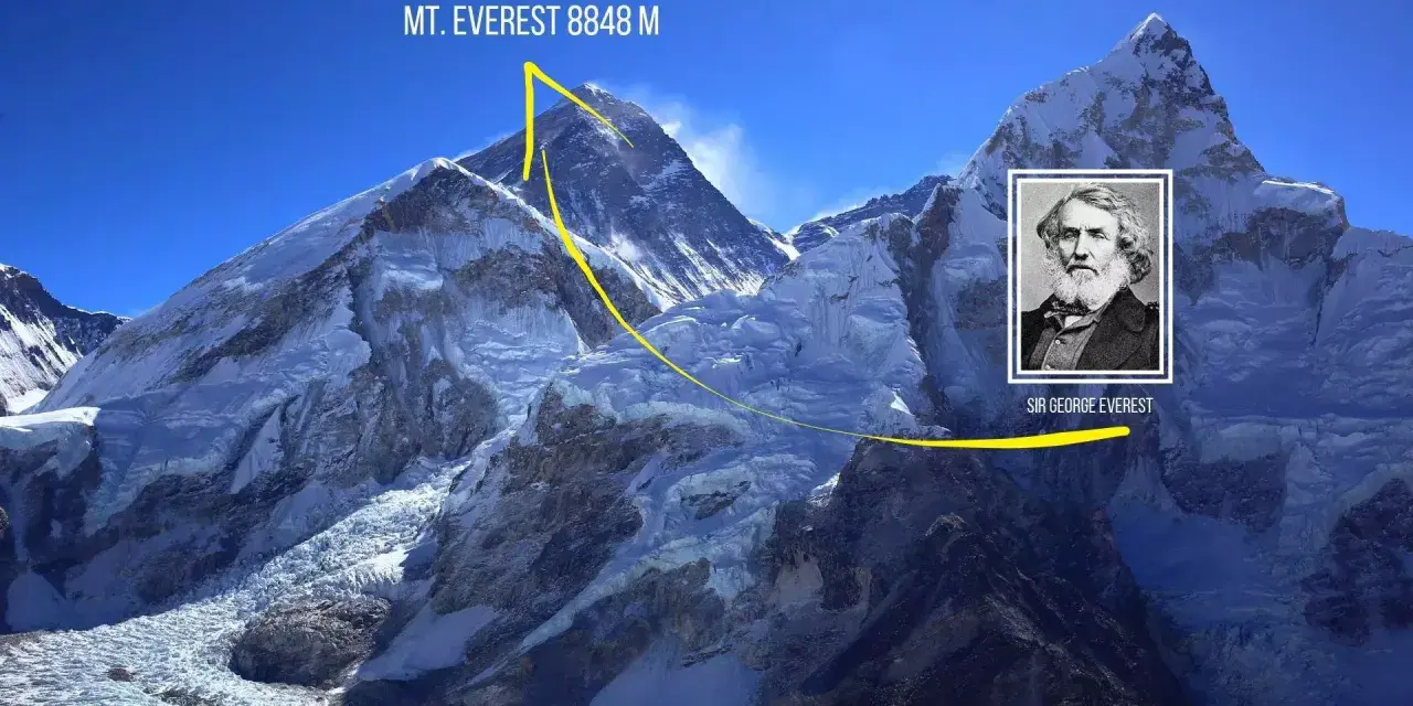 Góra Everest ma 8848 metrów. Na zdjęciu widać majestatyczny szczyt i portret Sir George'a Everesta.