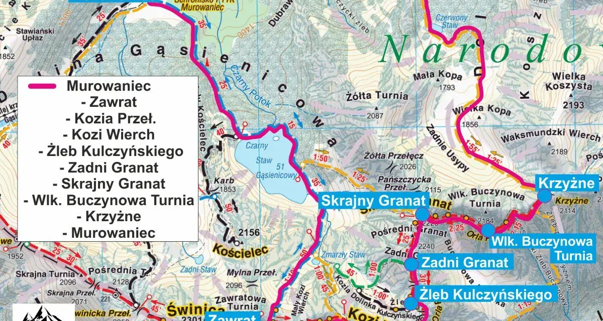 Mapa szlaków Orla Perć: Murowaniec, Zawrat, Kozi Wierch, Skrajny Granat, Zadni Granat, Krzyżne i inne szczyty.