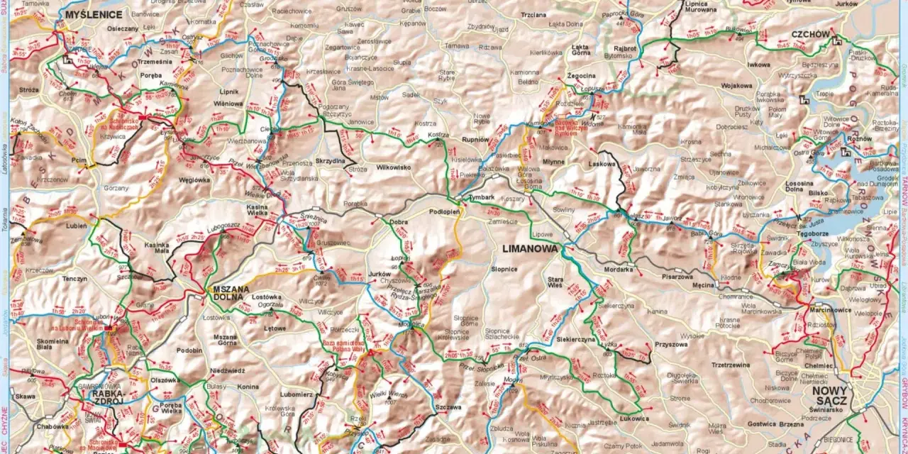 Mapa turystyczna Beskidu Wyspowego z zaznaczonymi trasami. Widać liczne miejscowości i szlaki piesze.