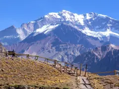 Widok na ośnieżony szczyt Aconcagua, cel wyprawy. Ścieżka z drewnianym ogrodzeniem prowadzi przez suchą, trawiastą górę.