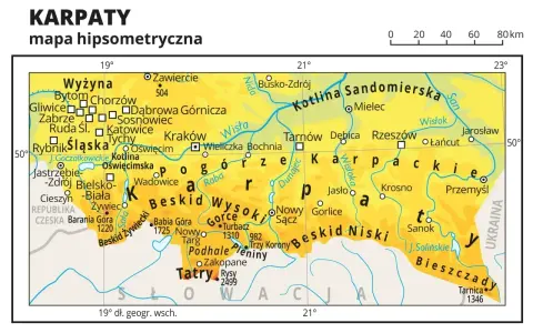Mapa Polski z zaznaczonymi pasmami górskimi. Gdzie są Beskidy? Na południu kraju, między Krakowem a Słowacją, rozciągają się Beskid Żywiecki, Wysoki i Niski.