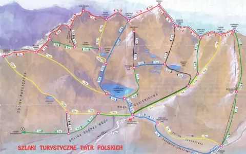 Mapa szlaków turystycznych w Tatrach Wysokich, ukazująca trasy przez Dolinę Gąsienicową, Kozi Wierch i Kasprowy Wierch.