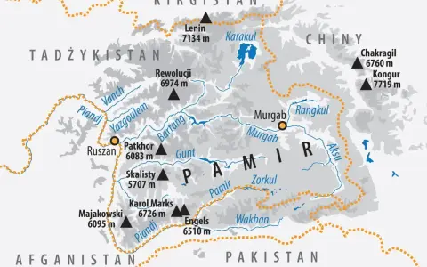 Mapa górskiego regionu Pamir z zaznaczonymi szczytami, rzekami i jeziorami. Widoczne są nazwy krajów: Tadżykistan, Kirgistan, Chiny, Afganistan, Pakistan.