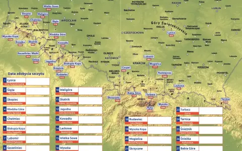 Mapa szczytów Polski, w tym korona sudetów polskich. Zaznaczone Karkonosze, Góry Sowie, Góry Wałbrzyskie i inne pasma.