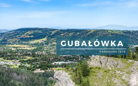 Widok z Gubałówki na panoramę Tatr. Malownicze zbocza, lasy i zabudowania tworzą piękny krajobraz.