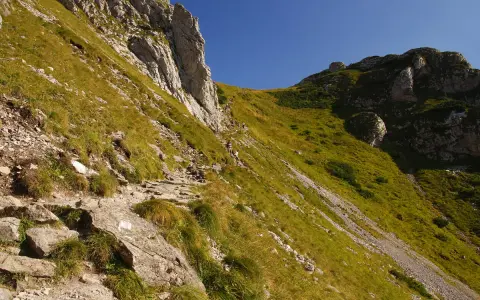 Kamienista ścieżka, czerwony szlak na Giewont, wije się po zboczu porośniętym trawą. W oddali widać turystów.