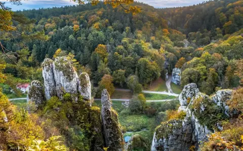 Ojcowski Park Narodowy zachwyca jesienią. Wapienne skały i kolorowy las tworzą malowniczy krajobraz.