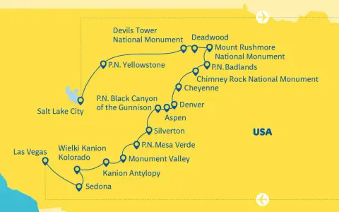Mapa USA z zaznaczonymi parkami narodowymi: Yellowstone, Black Canyon, Mesa Verde, Wielki Kanion Kolorado, Antelope Canyon, Badlands, Mount Rushmore, Devils Tower, Chimney Rock.