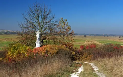 Kamienna figura Matki Boskiej na tle jesiennego krajobrazu Ponidzia. Droga wśród traw prowadzi do kapliczki.