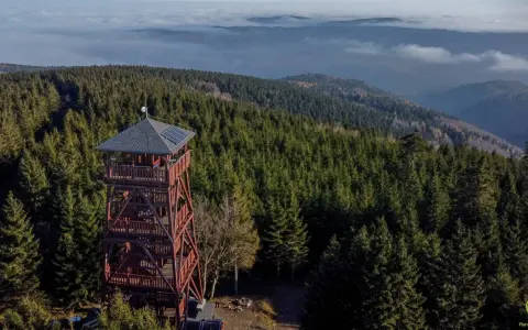 Wieża widokowa na Orlicy, skąd rozpościera się widok na gęsty las i morze mgieł. Najkrótszy szlak prowadzi prosto do tego wspaniałego miejsca.