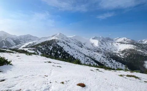 Śnieżny szlak na Grzesia w Tatrach. W oddali widać ośnieżone szczyty i ciemne pasma lasu.