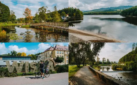 Malownicze atrakcje Wisła i okolice: park z mostkiem, jezioro, napis Wisła z rowerzystami, ścieżka nad rzeką.