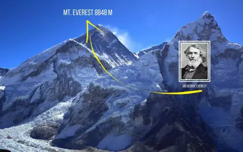 Góra Everest ma 8848 metrów. Na zdjęciu widać majestatyczny szczyt i portret Sir George'a Everesta.