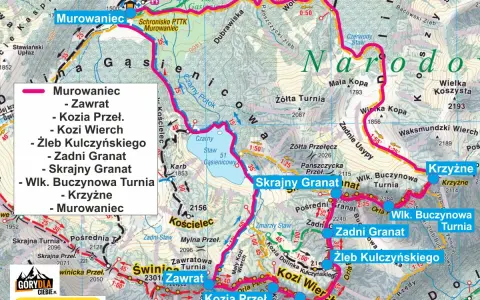 Mapa szlaków Orla Perć: Murowaniec, Zawrat, Kozi Wierch, Skrajny Granat, Zadni Granat, Krzyżne i inne szczyty.