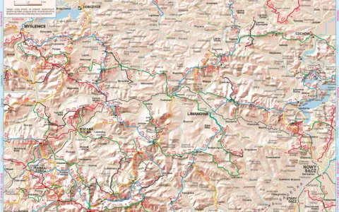 Mapa turystyczna Beskidu Wyspowego z zaznaczonymi trasami. Widać liczne miejscowości i szlaki piesze.