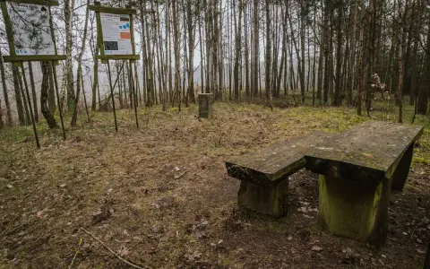 Kamienna ława i stoły w lesie, obok tablice informacyjne. Miejsce idealne na odpoczynek podczas wędrówki po górach obkaskich.