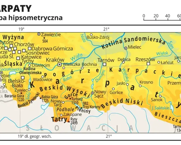 Mapa Polski z zaznaczonymi pasmami górskimi. Gdzie są Beskidy? Na południu kraju, między Krakowem a Słowacją, rozciągają się Beskid Żywiecki, Wysoki i Niski.