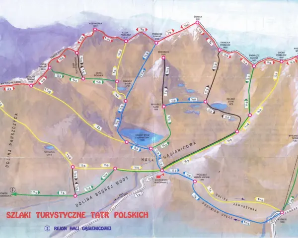 Mapa szlaków turystycznych w Tatrach Wysokich, ukazująca trasy przez Dolinę Gąsienicową, Kozi Wierch i Kasprowy Wierch.