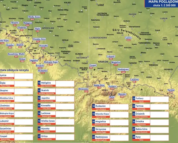 Mapa szczytów Polski, w tym korona sudetów polskich. Zaznaczone Karkonosze, Góry Sowie, Góry Wałbrzyskie i inne pasma.