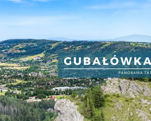 Widok z Gubałówki na panoramę Tatr. Malownicze zbocza, lasy i zabudowania tworzą piękny krajobraz.