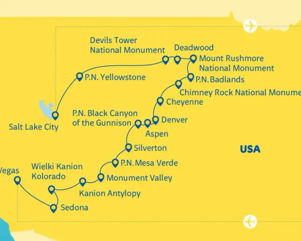 Mapa USA z zaznaczonymi parkami narodowymi: Yellowstone, Black Canyon, Mesa Verde, Wielki Kanion Kolorado, Antelope Canyon, Badlands, Mount Rushmore, Devils Tower, Chimney Rock.