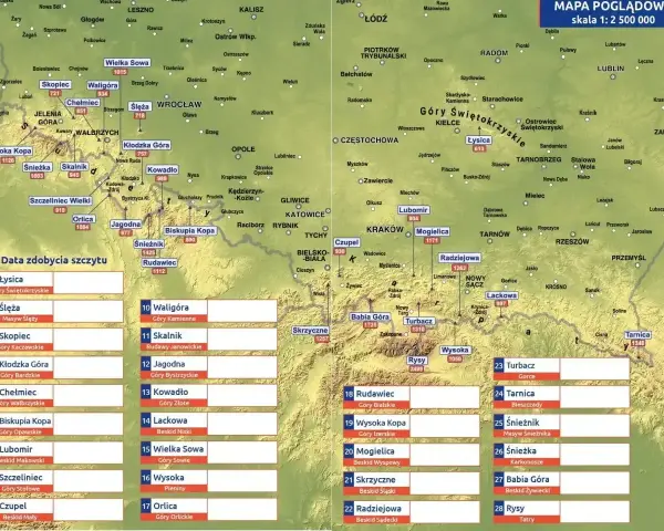 Mapa Polski z zaznaczonymi szczytami, tworzącymi "korona europy szczyty". Widoczne są pasma górskie i nazwy wzniesień.