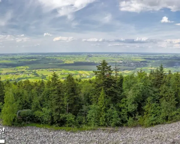 Widok z góry na zielone pola i lasy, idealne na odkrywanie fajnych miejsc w świętokrzyskim.
