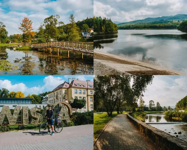 Malownicze atrakcje Wisła i okolice: park z mostkiem, jezioro, napis Wisła z rowerzystami, ścieżka nad rzeką.