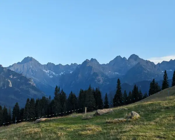 Widok na Tatry z zielonej łąki. Góry przypominają gęsią szyję, a ścieżka na zboczu sugeruje, ile schodów czeka na turystów.