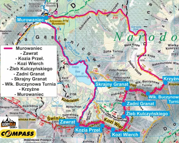 Mapa szlaków Orla Perć: Murowaniec, Zawrat, Kozi Wierch, Skrajny Granat, Zadni Granat, Krzyżne i inne szczyty.