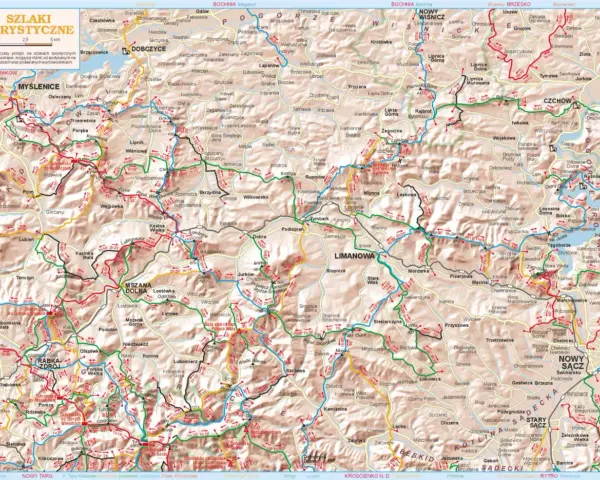 Mapa turystyczna Beskidu Wyspowego z zaznaczonymi trasami. Widać liczne miejscowości i szlaki piesze.