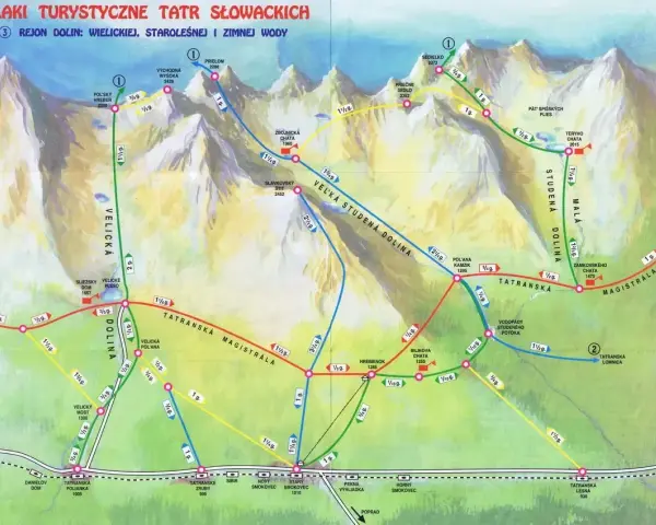 Mapa turystyczna Tatr Słowackich. Kolorowe szlaki turystyczne Tatr Słowackich, w tym Tatrzańska Magistrala, prowadzą przez malownicze doliny.