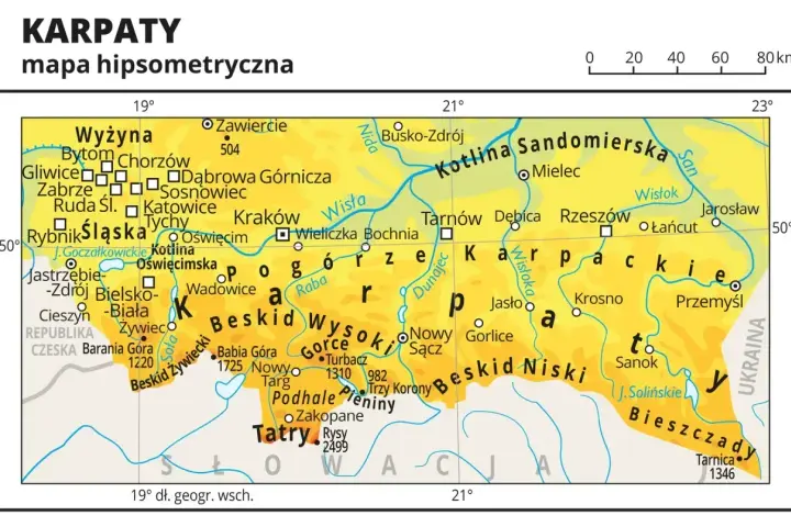 Mapa Polski z zaznaczonymi pasmami górskimi. Gdzie są Beskidy? Na południu kraju, między Krakowem a Słowacją, rozciągają się Beskid Żywiecki, Wysoki i Niski.