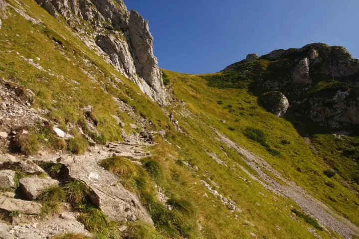 Kamienista ścieżka, czerwony szlak na Giewont, wije się po zboczu porośniętym trawą. W oddali widać turystów.